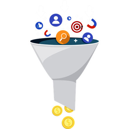 Illustration: leads dropping through a funnel into revenue