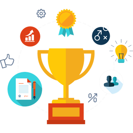 Illustration: a trophy surrounded by social badges