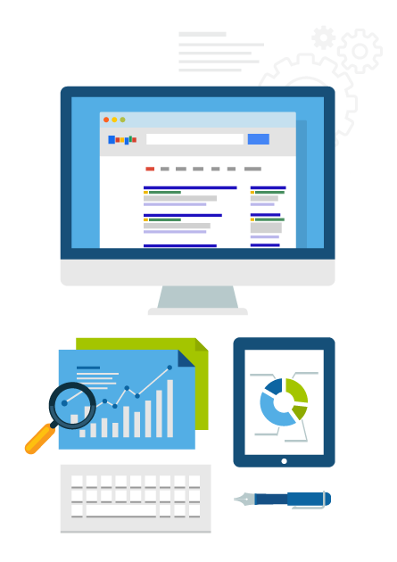 A search results page on a desktop screen, with analytics on a tablet and printouts beside it